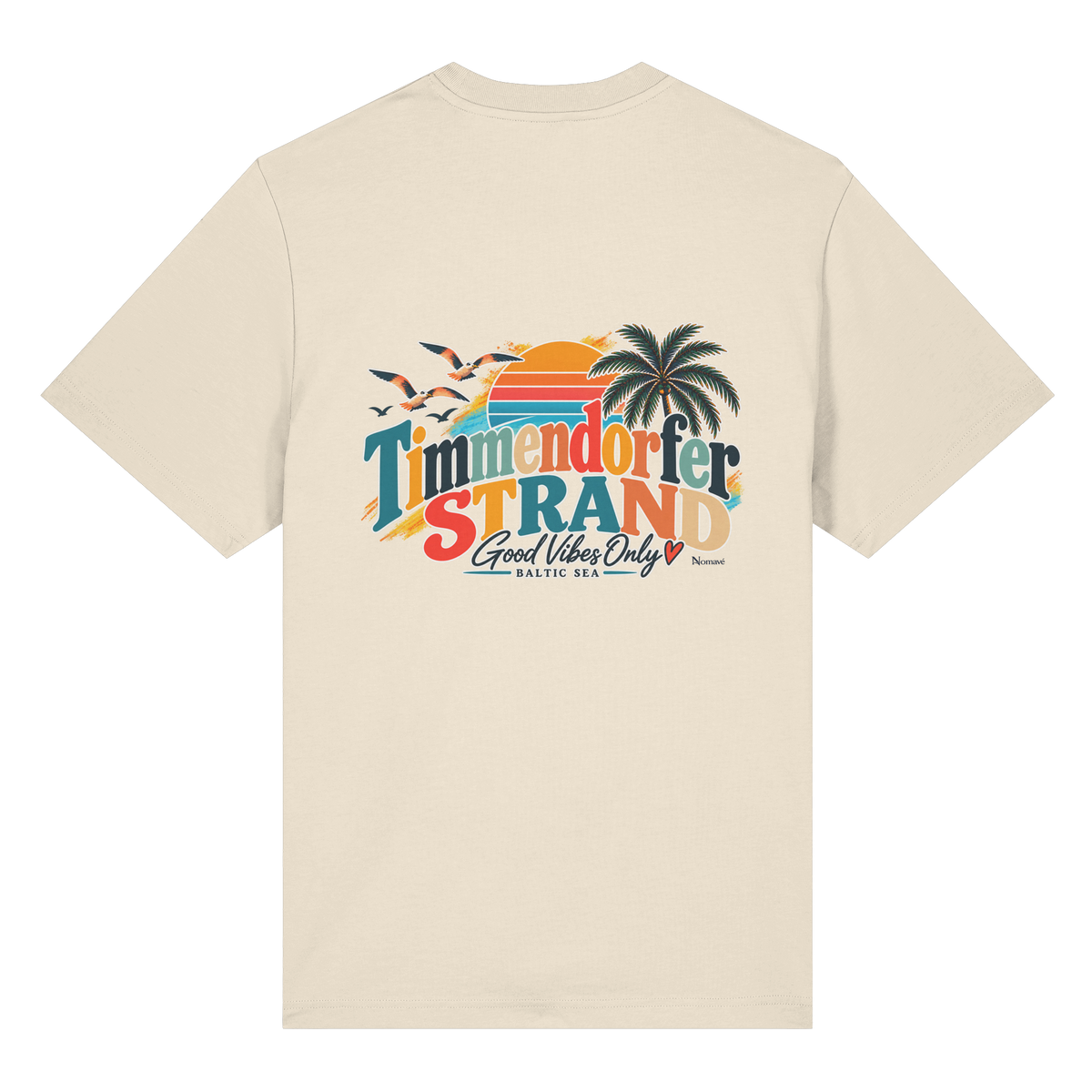 Bio-Heavy-T-Shirt in Natural Raw, Rückansicht mit Timmendorfer-Strand-Good-Vibes-Only-Rückenprint.