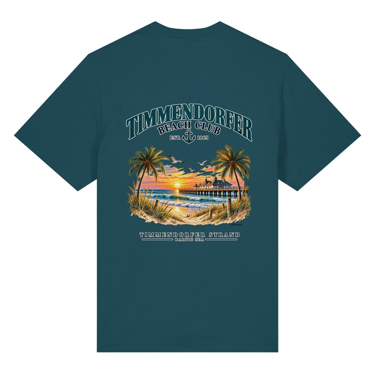 Original-/Katalogmockup: Unisex Bio-Heavy-T-Shirt in Stargazer, Rückansicht mit Timmendorfer-Beach-Club-Rückendruck.