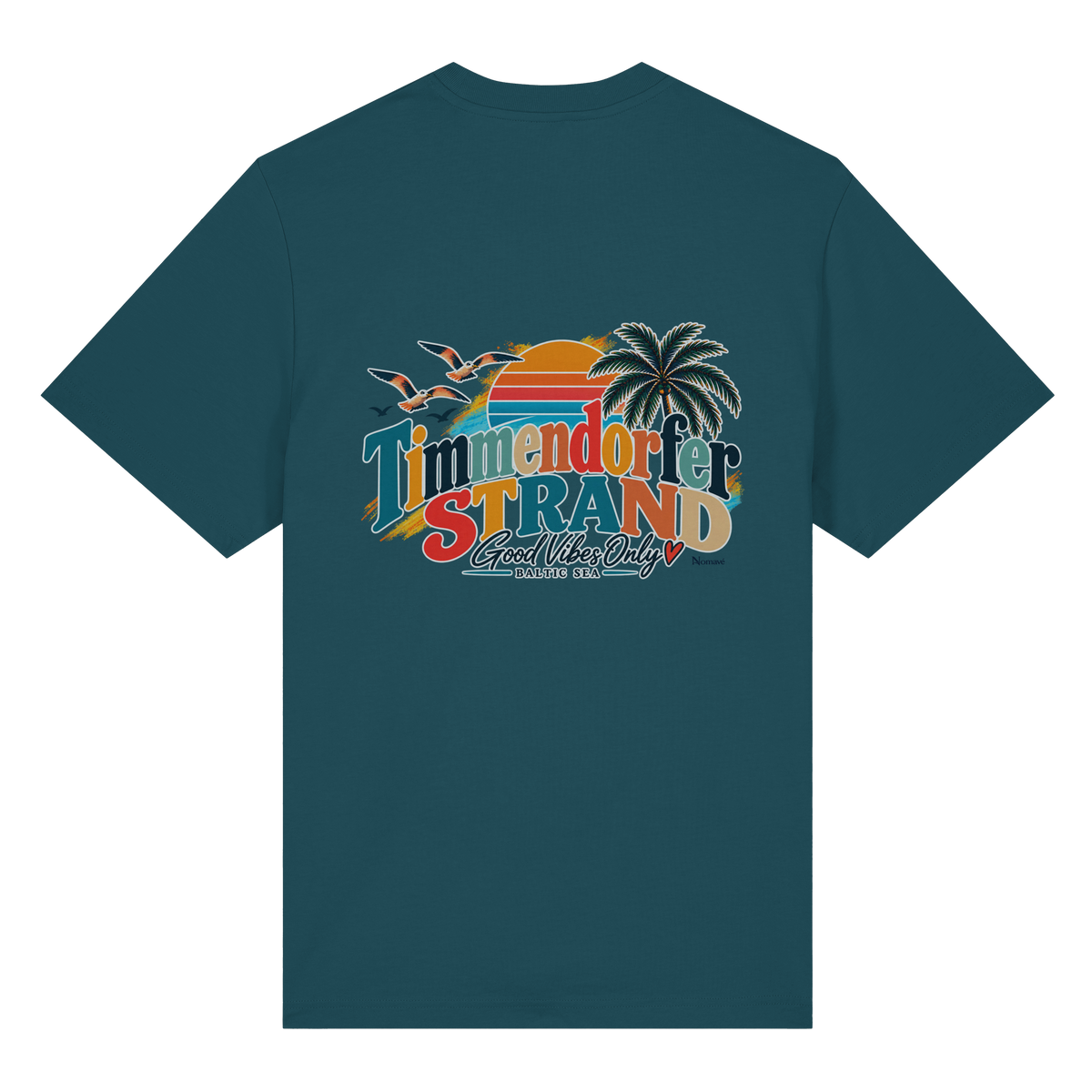 Bio-Heavy-T-Shirt in Stargazer, Rückansicht mit Timmendorfer-Strand-Good-Vibes-Only-Rückenprint.