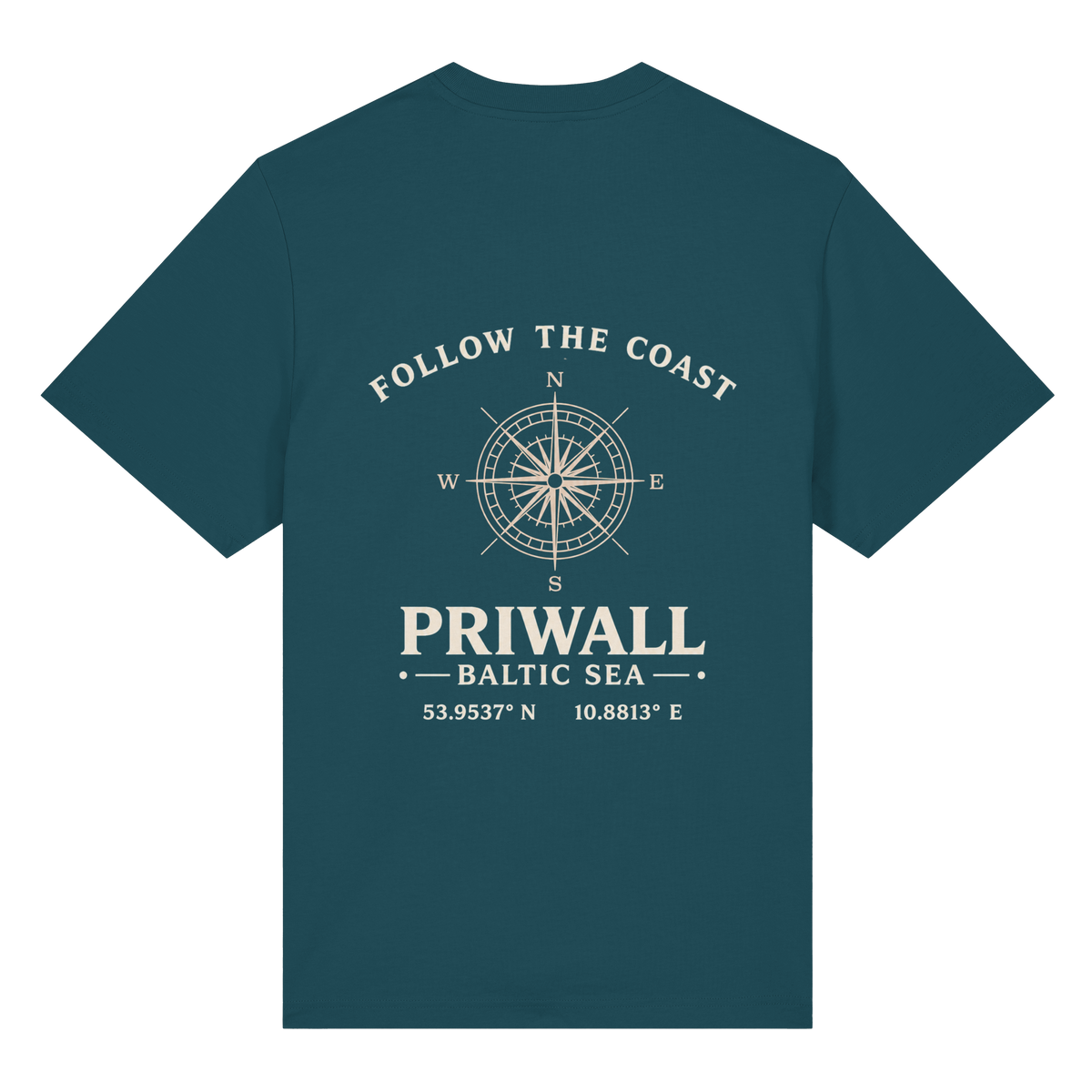 Rückansicht des Bio Heavy T-Shirt in Stargazer mit dunklem Priwall Follow the Coast Backprint