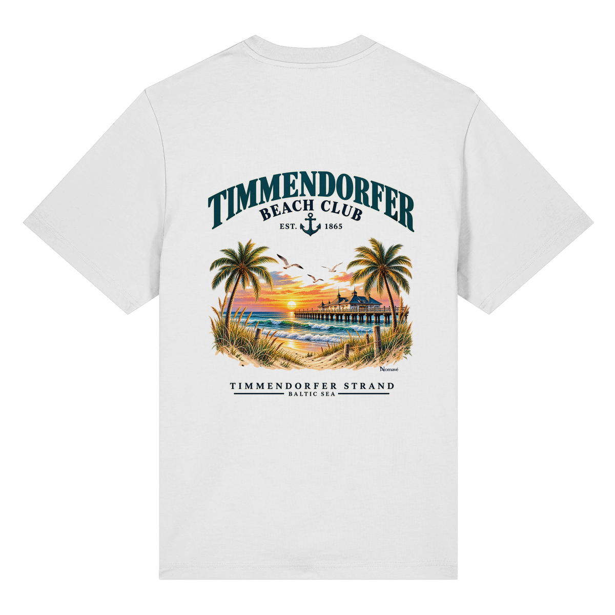 Original-/Katalogmockup: Unisex Bio-Heavy-T-Shirt in White, Rückansicht mit Timmendorfer-Beach-Club-Rückendruck.