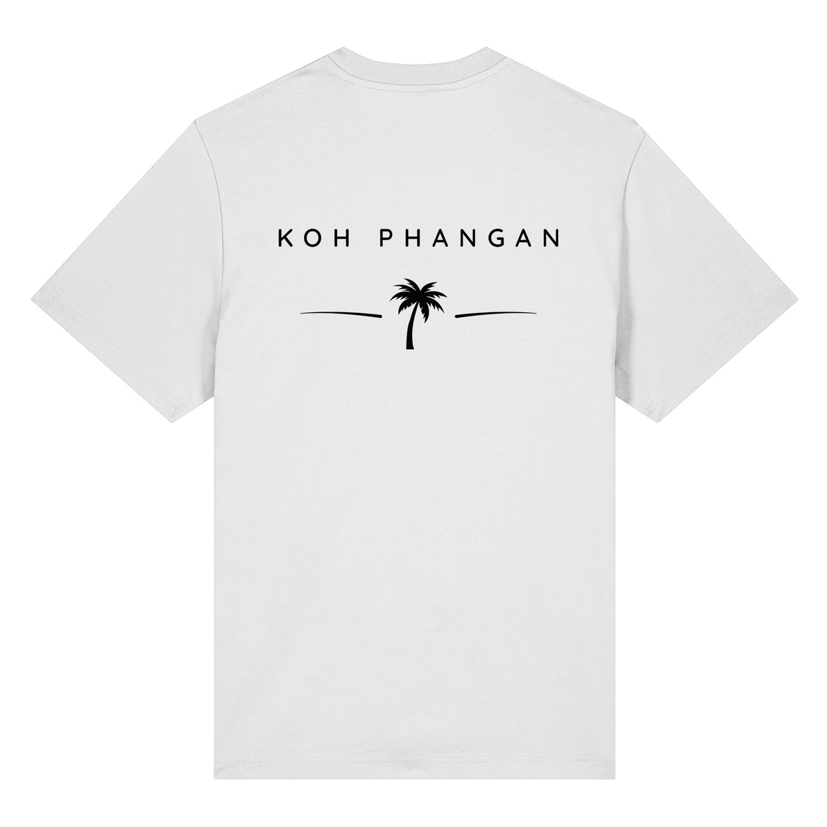 Original-Mockup des Bio Heavy T-Shirt in Weiß mit Koh-Phangan-Minimal-Backprint