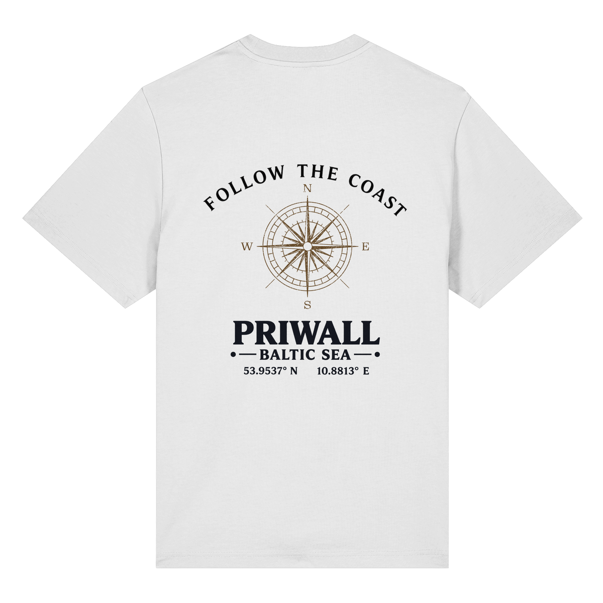 Rückansicht des Bio Heavy T-Shirt in White mit hellem Priwall Follow the Coast Backprint