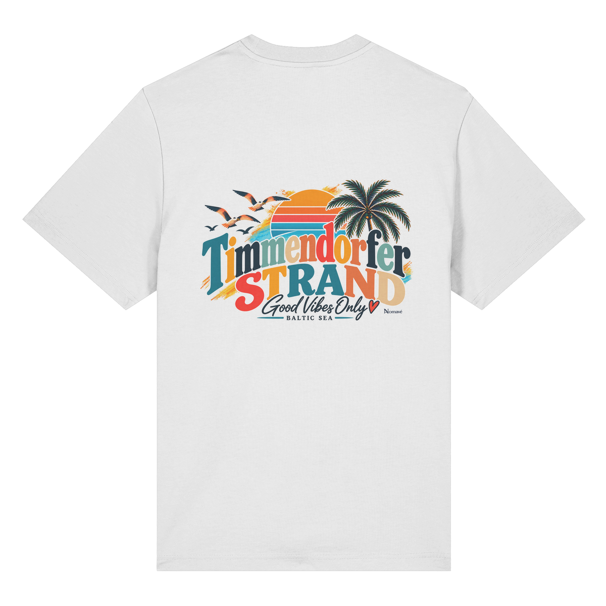 Bio-Heavy-T-Shirt in White, Rückansicht mit Timmendorfer-Strand-Good-Vibes-Only-Rückenprint.