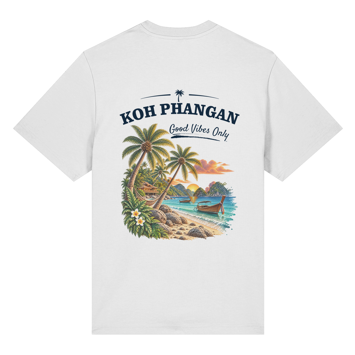 Koh Phangan Good Vibes Only – Bio Heavy T-Shirt – Backprint – Original-Mockup organic heavy shirt white mit Rückenmotiv