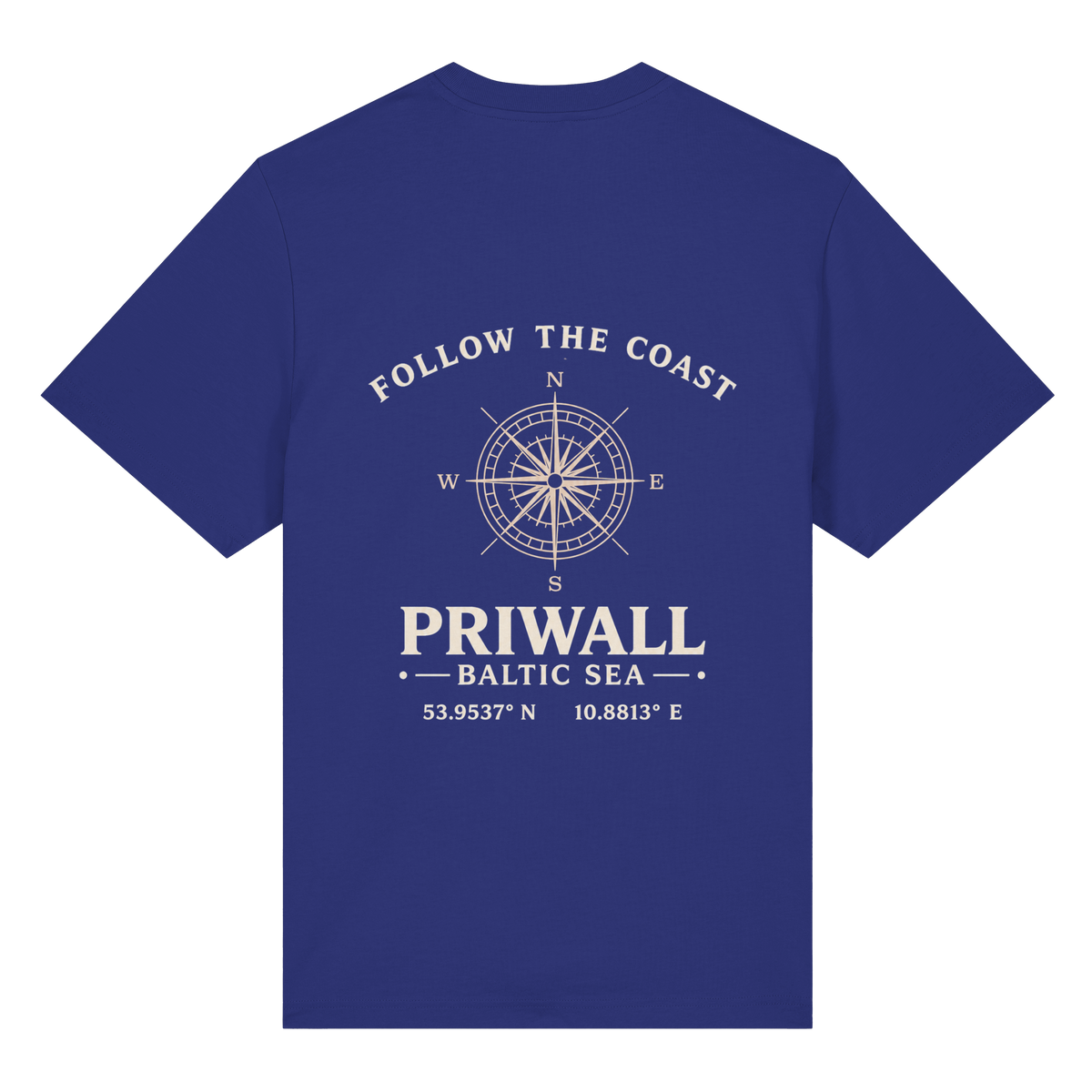 Rückansicht des Bio Heavy T-Shirt in Worker Blue mit dunklem Priwall Follow the Coast Backprint