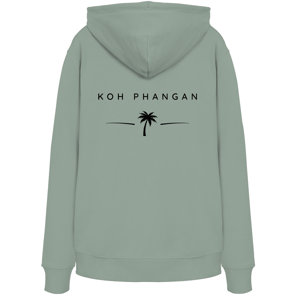 Original-Mockup des Bio Hoodie in Aloe mit Koh-Phangan-Minimal-Backprint