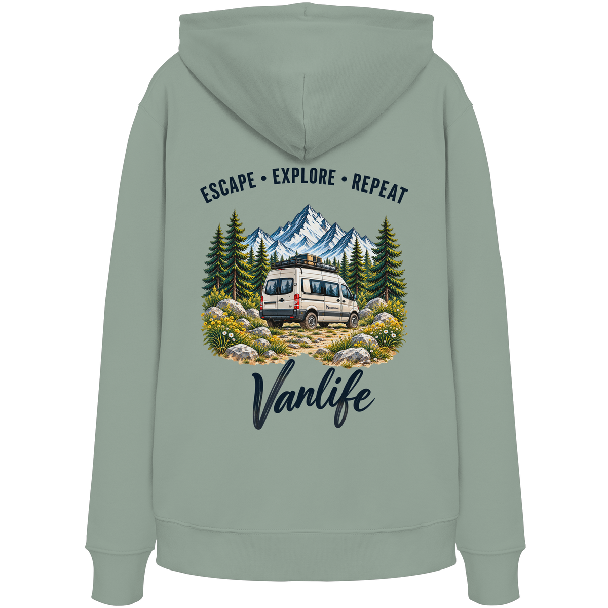 Bio Hoodie in Aloe als Produkt-Mockup mit Escape Explore Repeat Motiv als Backprint