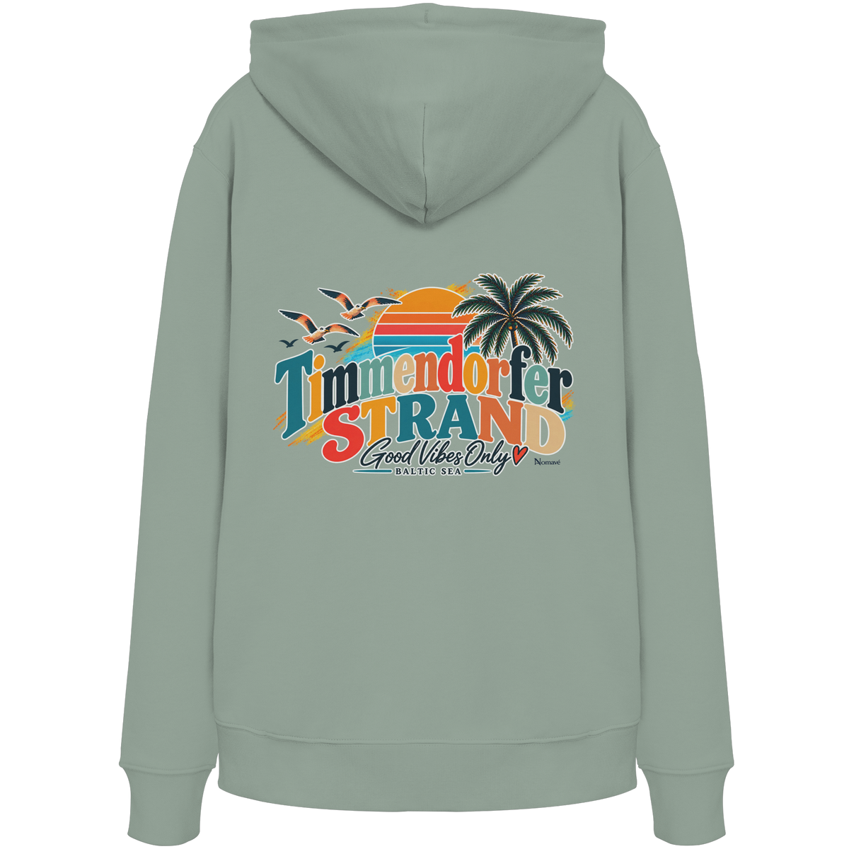 Timmendorfer Strand – Good Vibes Only – Unisex Bio-Hoodie mit Rückenprint – Aloe; originales Katalogmockup der Rückansicht mit Rückenprint.
