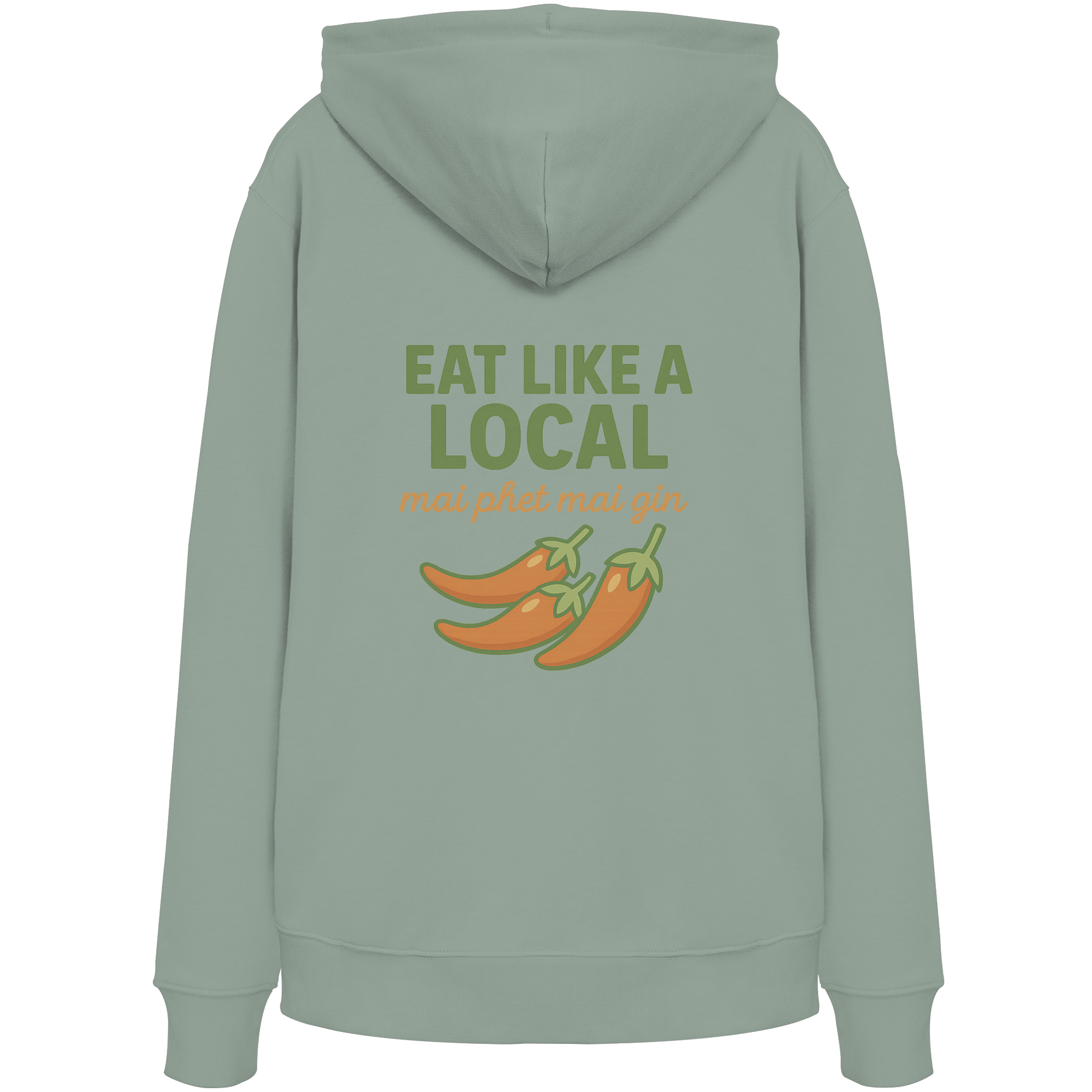 Eat Like a Local – Thai Food Design | „mai phet mai gin“ Chili Design - Rückseite bedruckt - Organic Hoodie