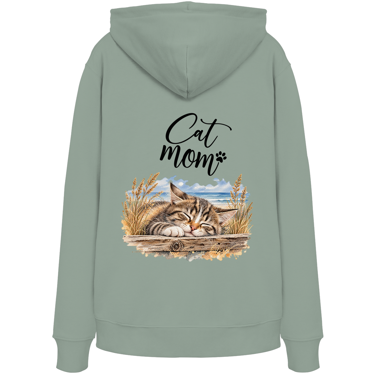 Cat Mom Bio-Hoodie in Aloe – Original-Rückansicht mit Kapuze und Katzen-Küstenmotiv als Rückenprint.