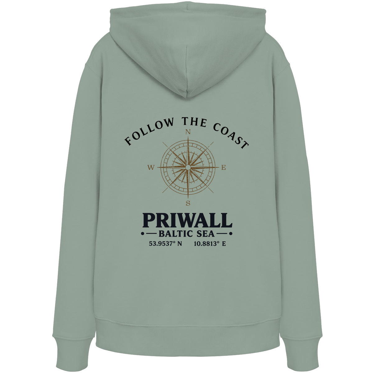 Rückansicht des Bio Hoodie in Aloe mit hellem Priwall Follow the Coast Backprint