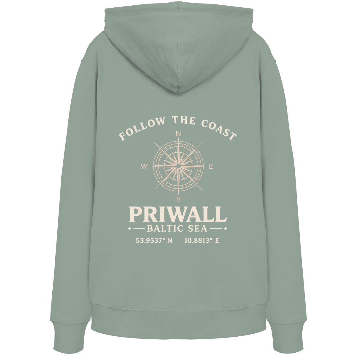 Rückansicht des Bio Hoodie in Aloe mit dunklem Priwall Follow the Coast Backprint