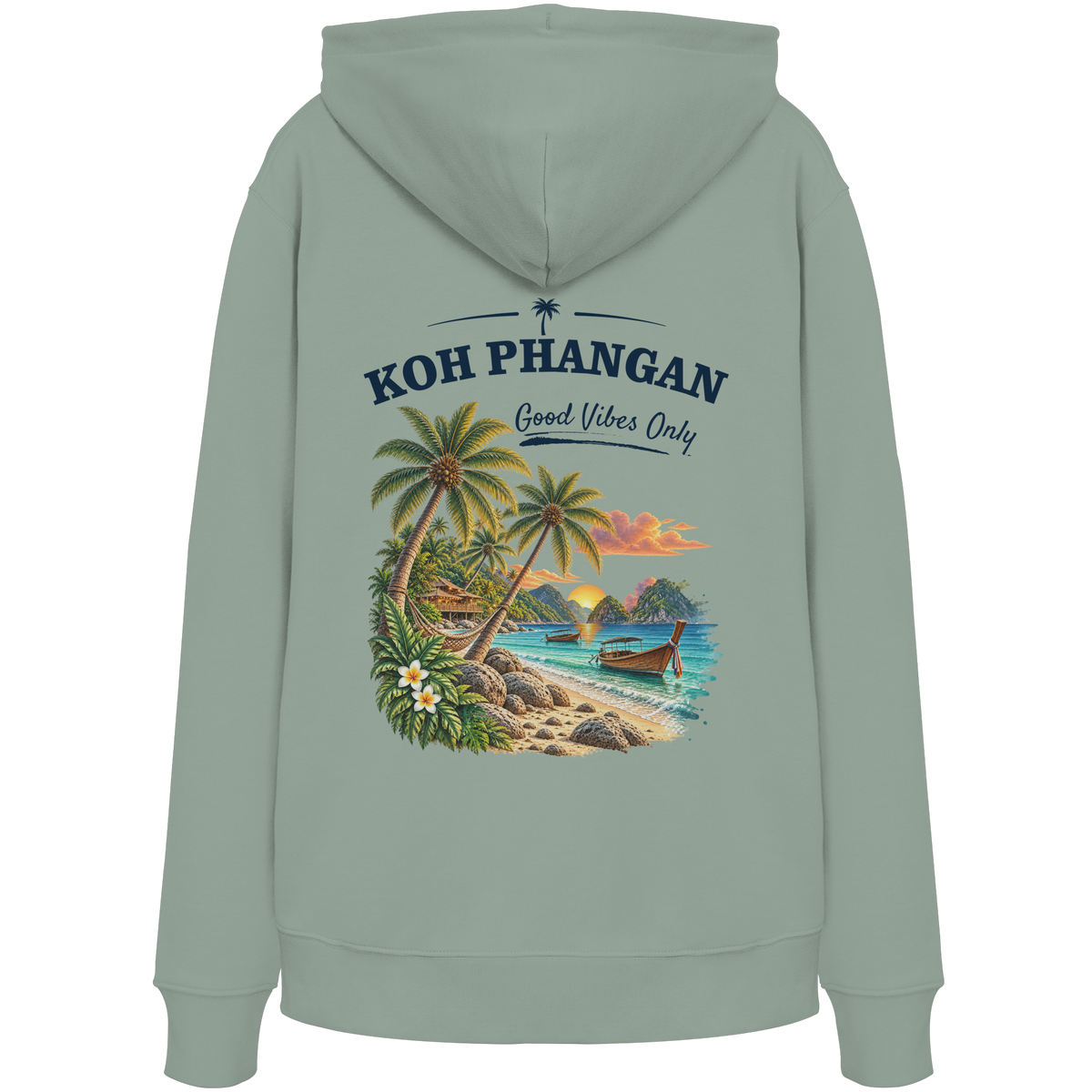 Bio Hoodie – Backprint in aloe als Original-Mockup mit Koh Phangan Good Vibes Only Backprint