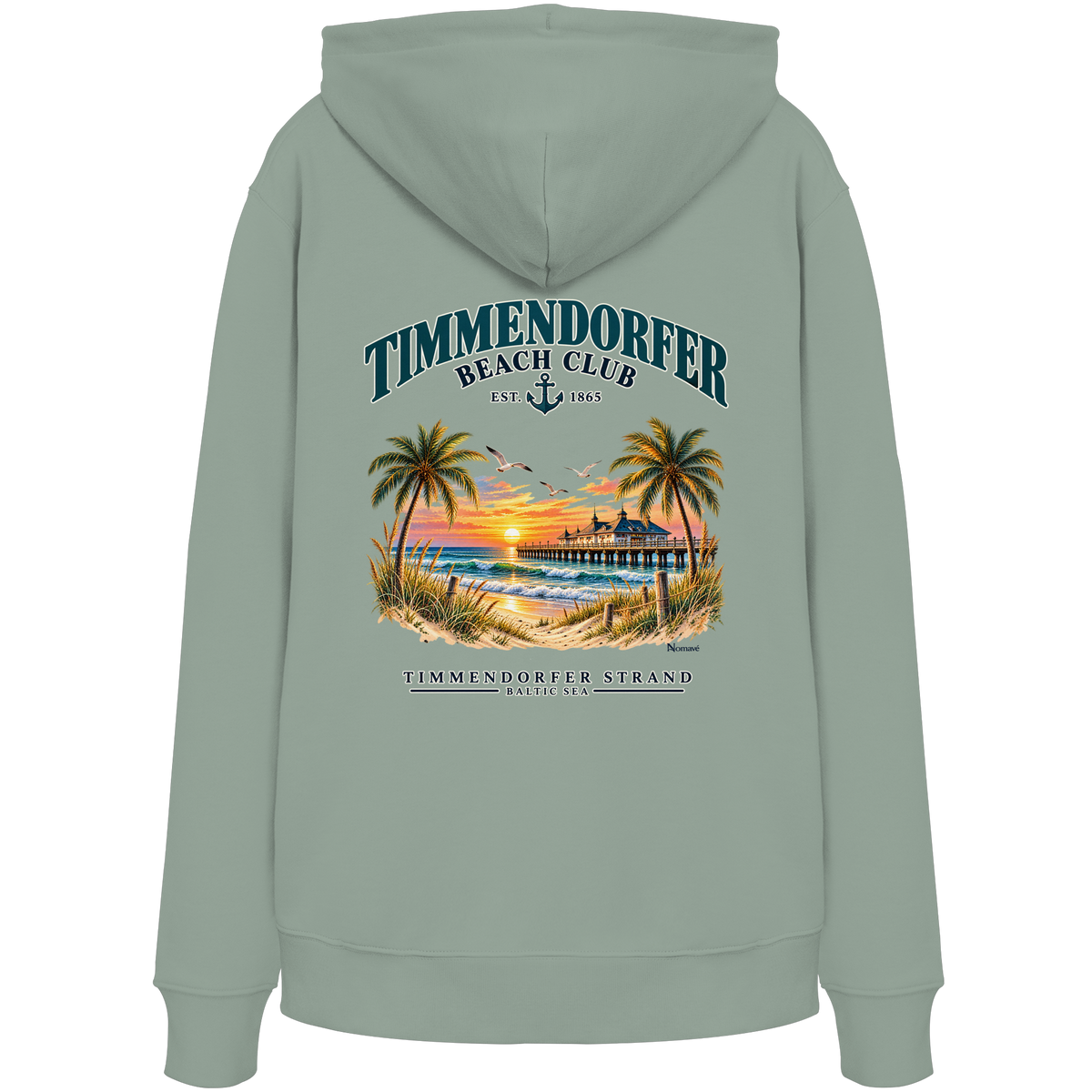 Original-/Katalogmockup: Unisex Bio-Hoodie in Aloe, Rückansicht mit Timmendorfer-Beach-Club-Rückendruck.