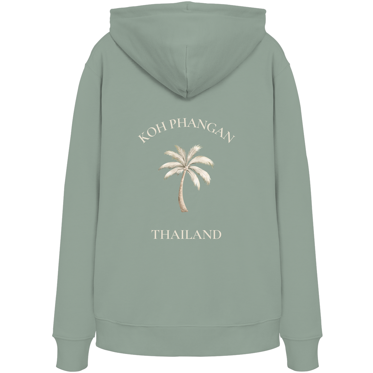 Bio Hoodie in aloe mit Koh Phangan Mini Palm Motiv als Backprint – Original-Mockup