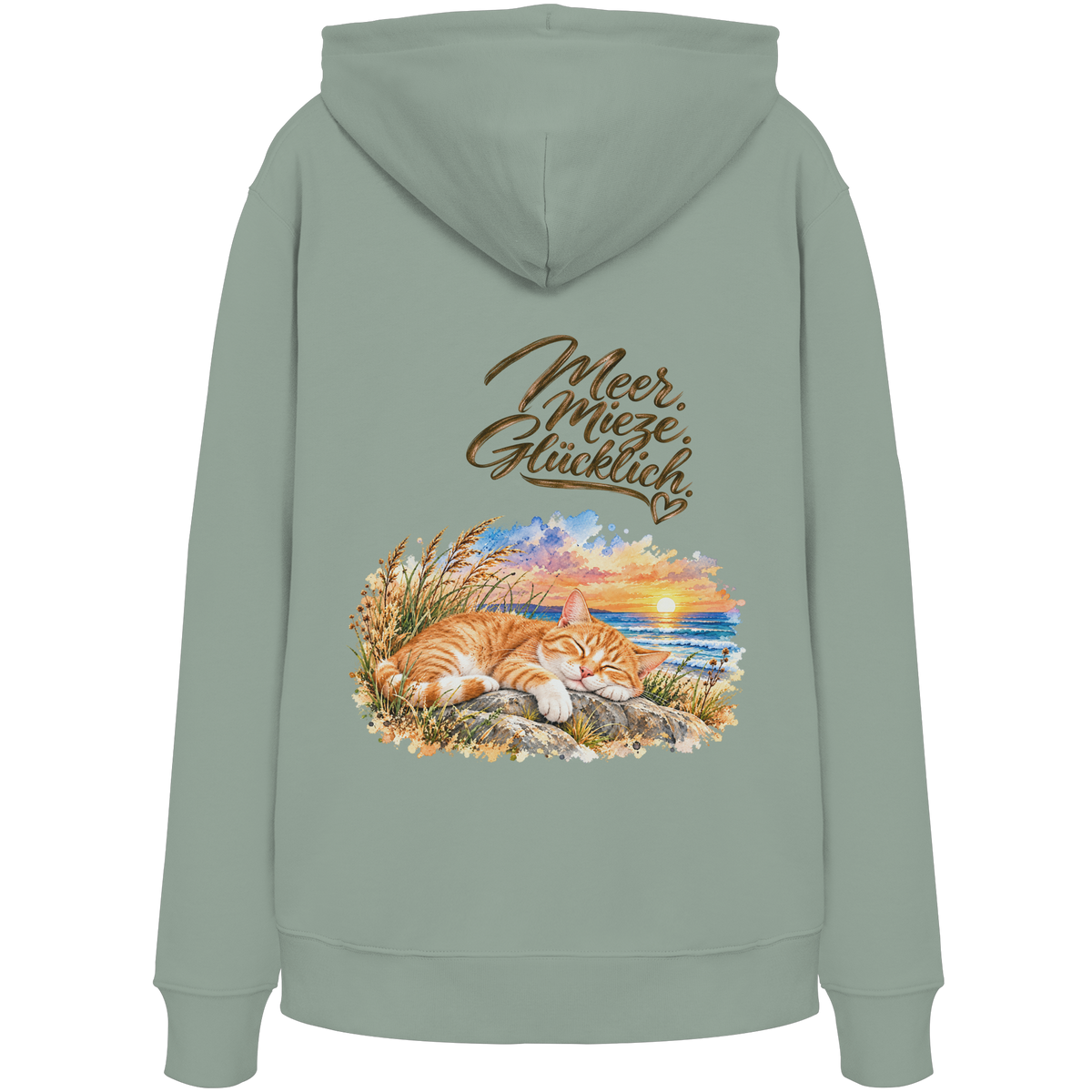 Unisex Bio-Hoodie in Aloe mit „Meer. Mieze. Glücklich.“ als Backprint – Rückansicht im Original-Mockup.