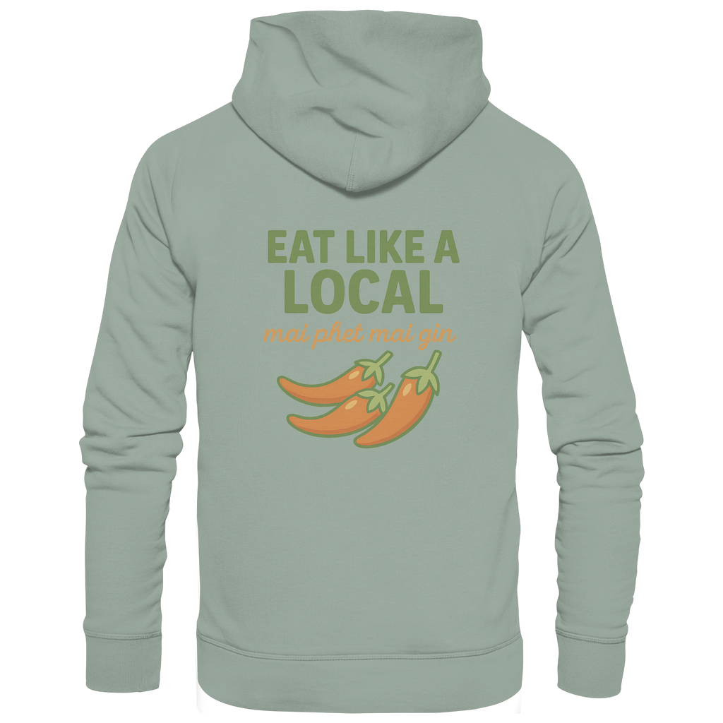 Eat Like a Local – Thai Food Design | „mai phet mai gin“ Chili Design - Rückseite bedruckt - Organic Hoodie