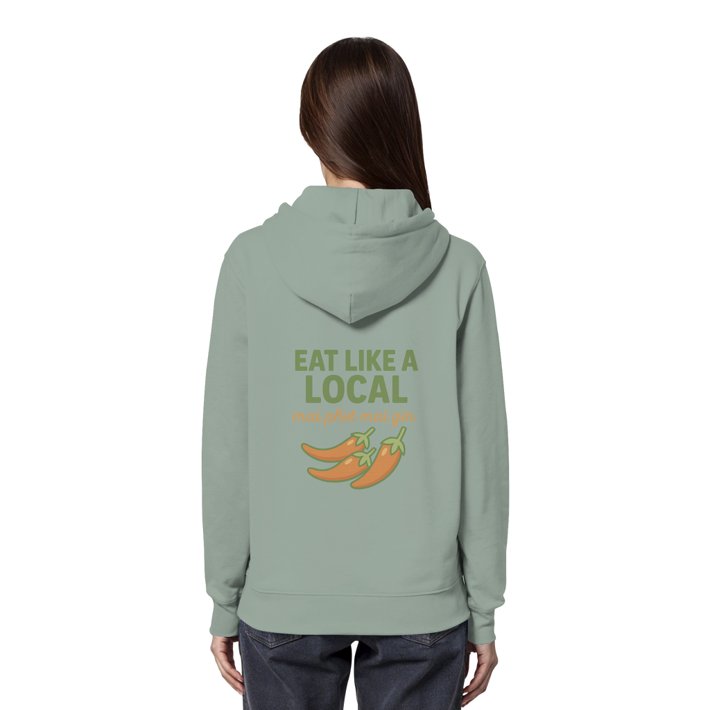 Eat Like a Local – Thai Food Design | „mai phet mai gin“ Chili Design - Rückseite bedruckt - Organic Hoodie