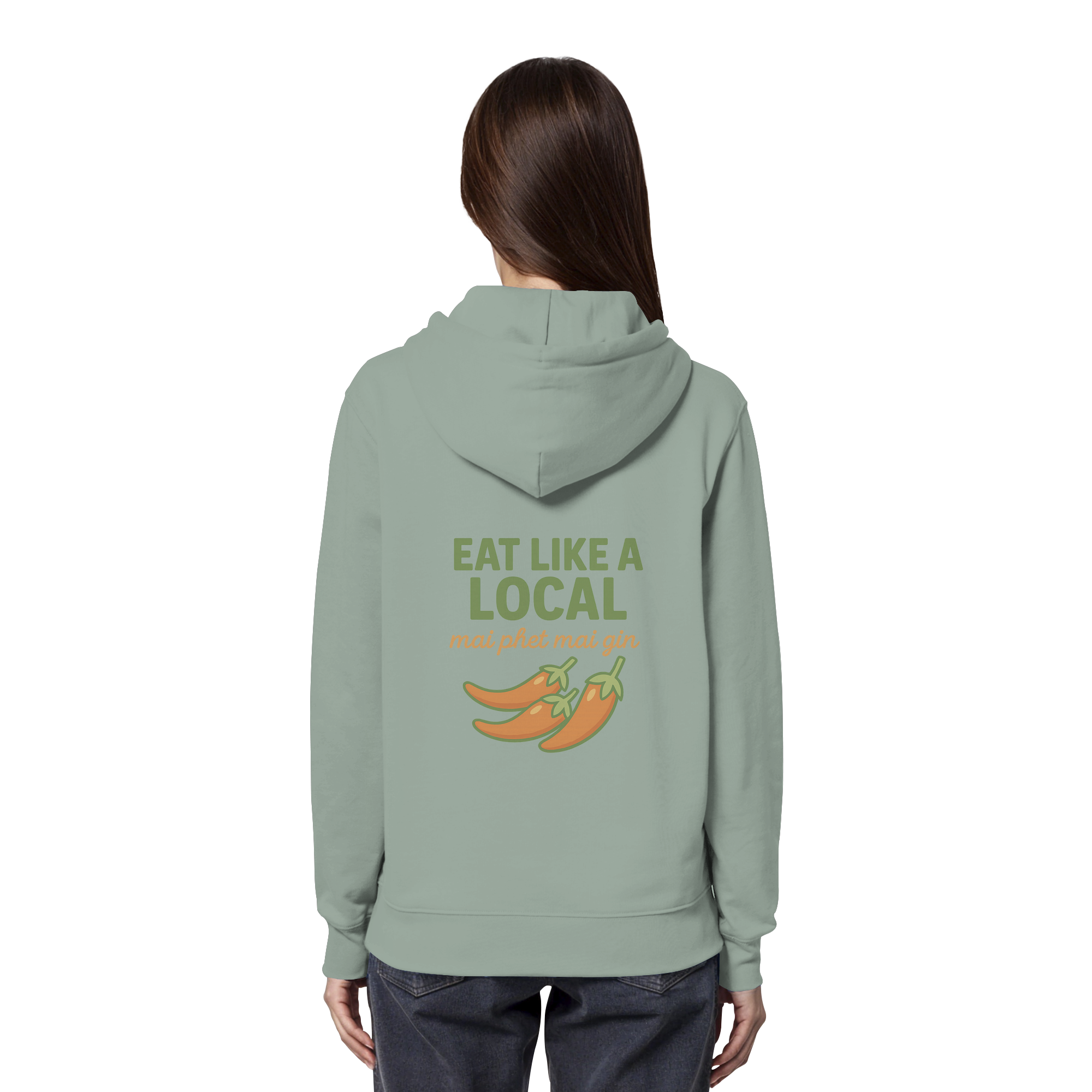 Eat Like a Local – Thai Food Design | „mai phet mai gin“ Chili Design - Rückseite bedruckt - Organic Hoodie