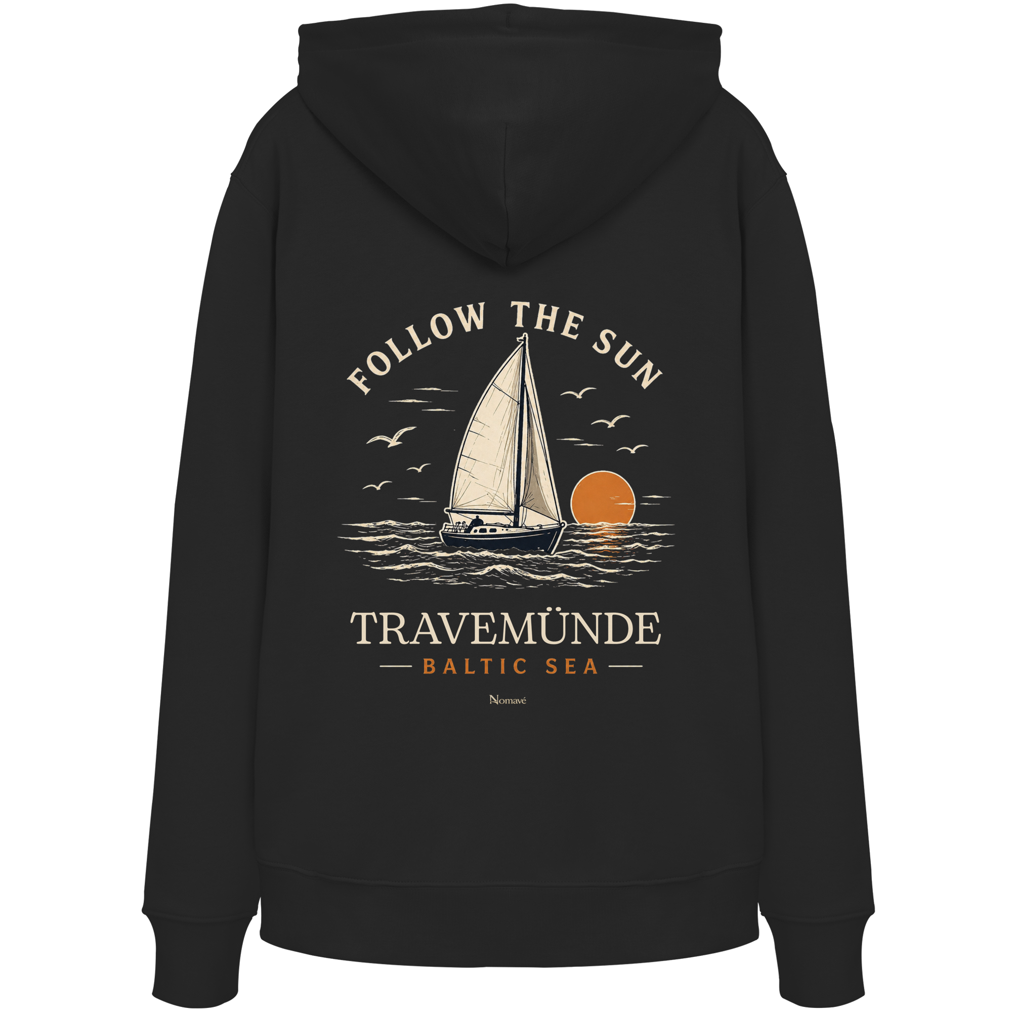 Travemünde Follow The Sun Dark Edition Hoodie – Backprint aus Bio-Baumwolle