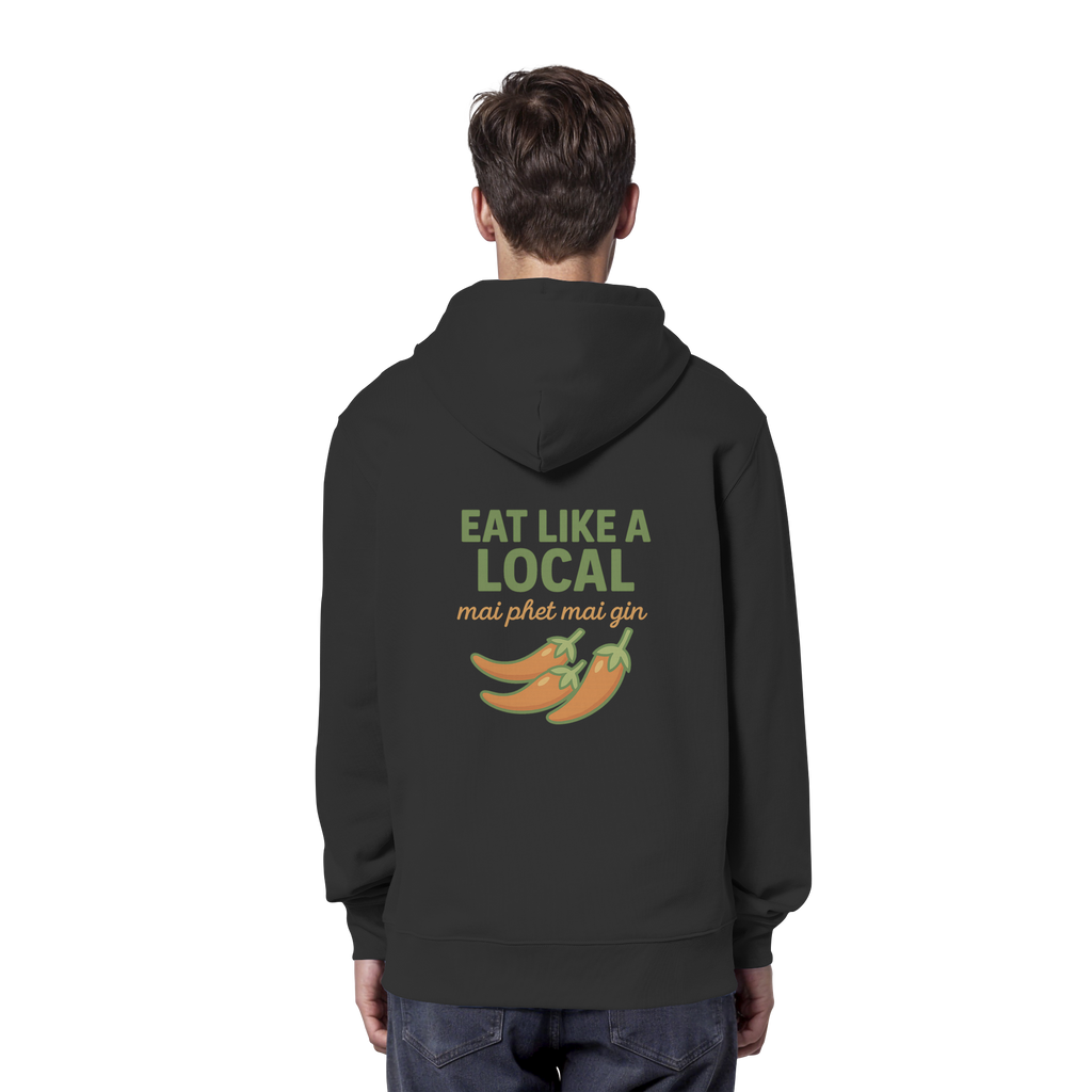 Eat Like a Local – Thai Food Design | „mai phet mai gin“ Chili Design - Rückseite bedruckt - Organic Hoodie