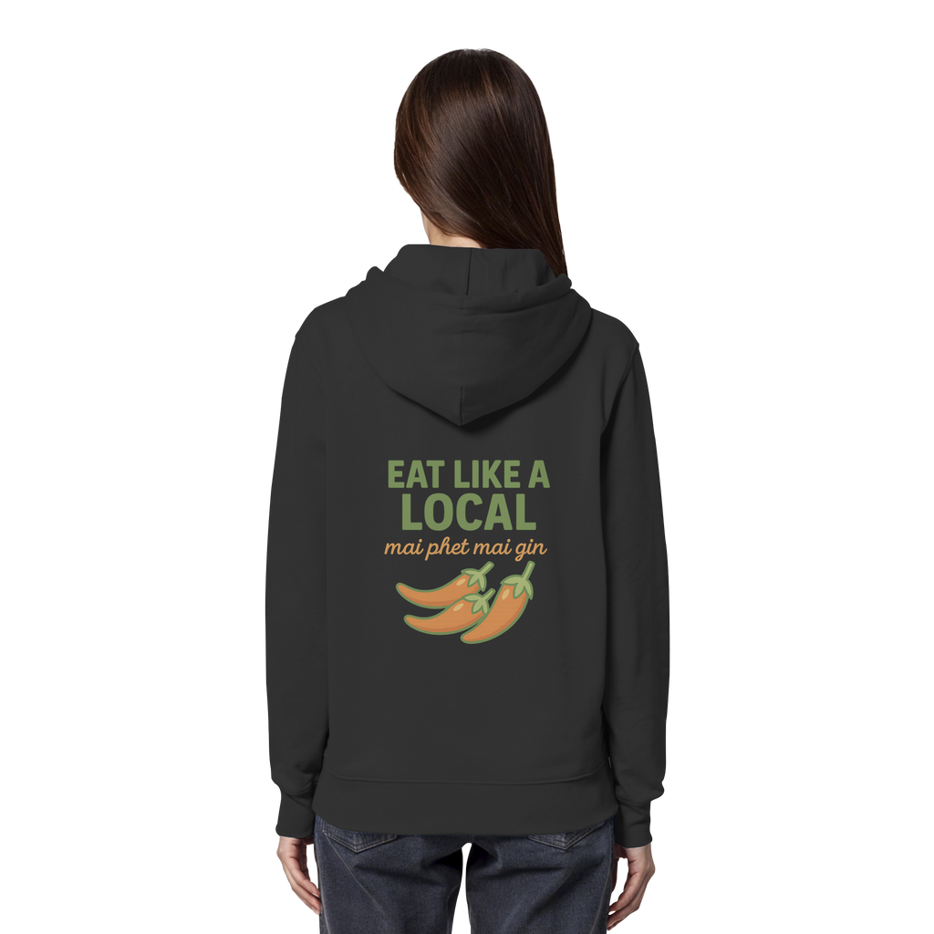 Eat Like a Local – Thai Food Design | „mai phet mai gin“ Chili Design - Rückseite bedruckt - Organic Hoodie