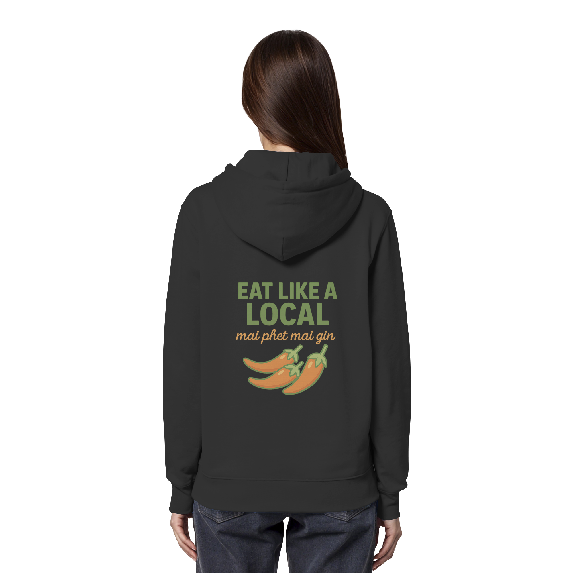 Eat Like a Local – Thai Food Design | „mai phet mai gin“ Chili Design - Rückseite bedruckt - Organic Hoodie