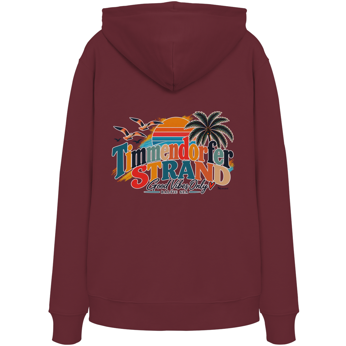 Timmendorfer Strand – Good Vibes Only – Unisex Bio-Hoodie mit Rückenprint – Burgundy; originales Katalogmockup der Rückansicht mit Rückenprint.