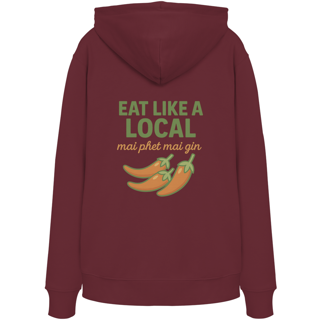 Eat Like a Local – Thai Food Design | „mai phet mai gin“ Chili Design - Rückseite bedruckt - Organic Hoodie