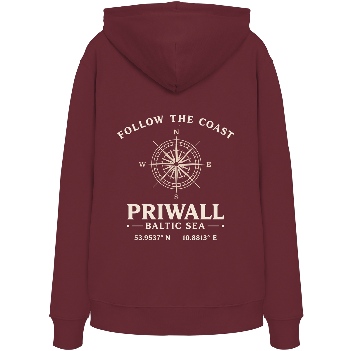 Rückansicht des Bio Hoodie in Burgundy mit dunklem Priwall Follow the Coast Backprint