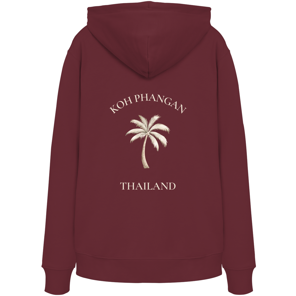 Bio Hoodie in burgundy mit Koh Phangan Mini Palm Motiv als Backprint – Original-Mockup