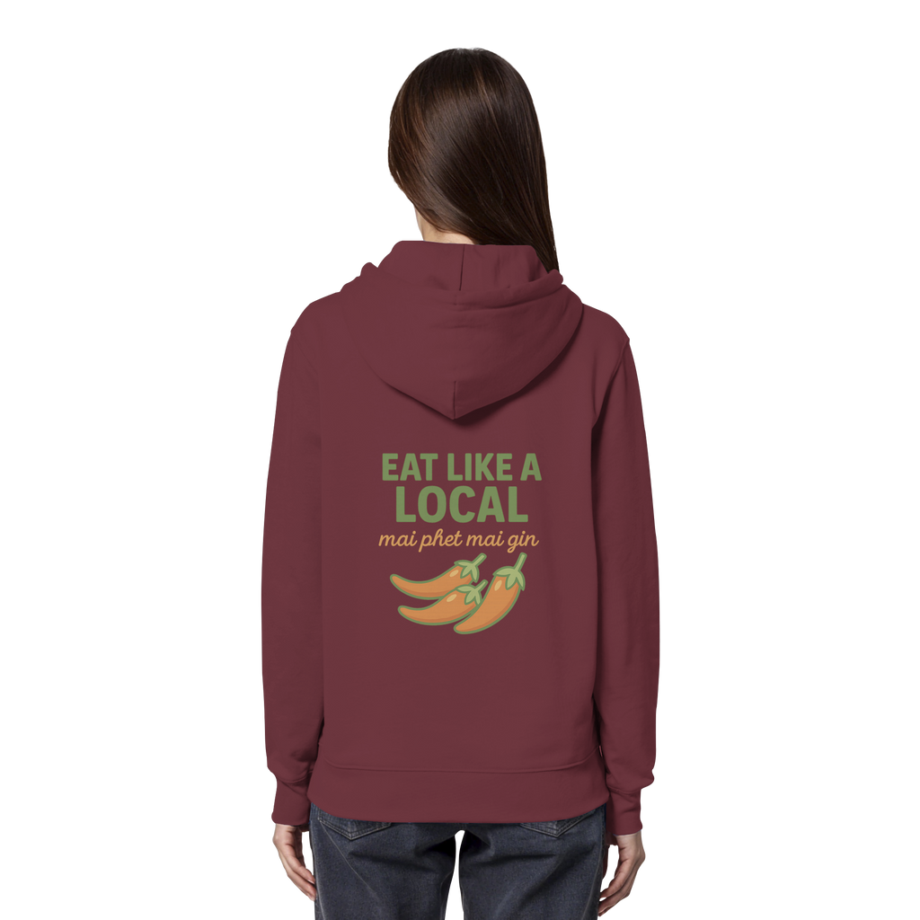 Eat Like a Local – Thai Food Design | „mai phet mai gin“ Chili Design - Rückseite bedruckt - Organic Hoodie