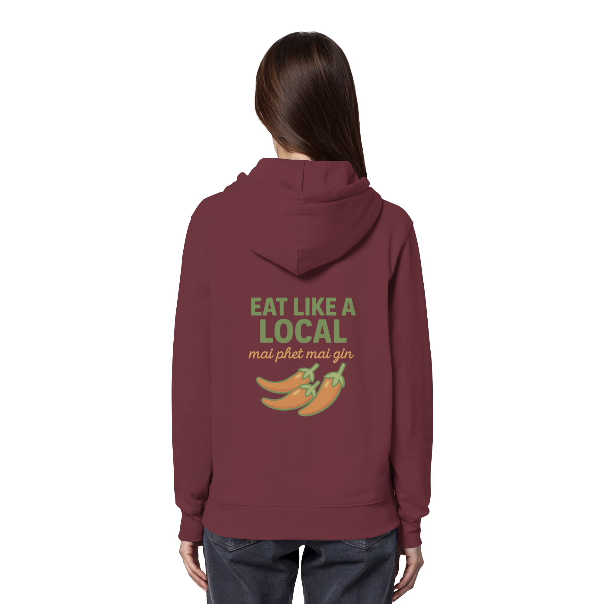 Eat Like a Local – Thai Food Design | „mai phet mai gin“ Chili Design - Rückseite bedruckt - Organic Hoodie