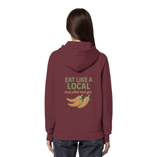 Eat Like a Local – Thai Food Design | „mai phet mai gin“ Chili Design - Rückseite bedruckt - Organic Hoodie