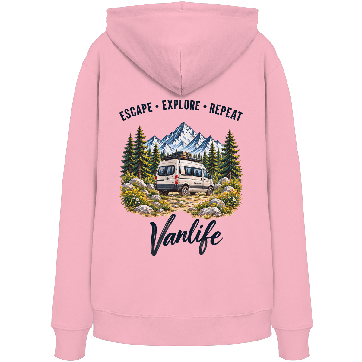Bio Hoodie in Cotton Pink als Produkt-Mockup mit Escape Explore Repeat Motiv als Backprint
