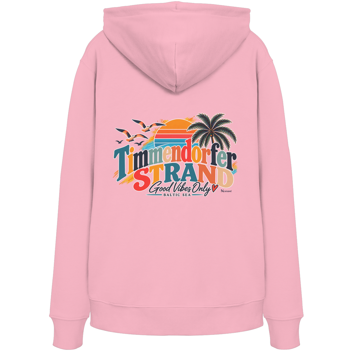 Timmendorfer Strand – Good Vibes Only – Unisex Bio-Hoodie mit Rückenprint – Cotton Pink; originales Katalogmockup der Rückansicht mit Rückenprint.
