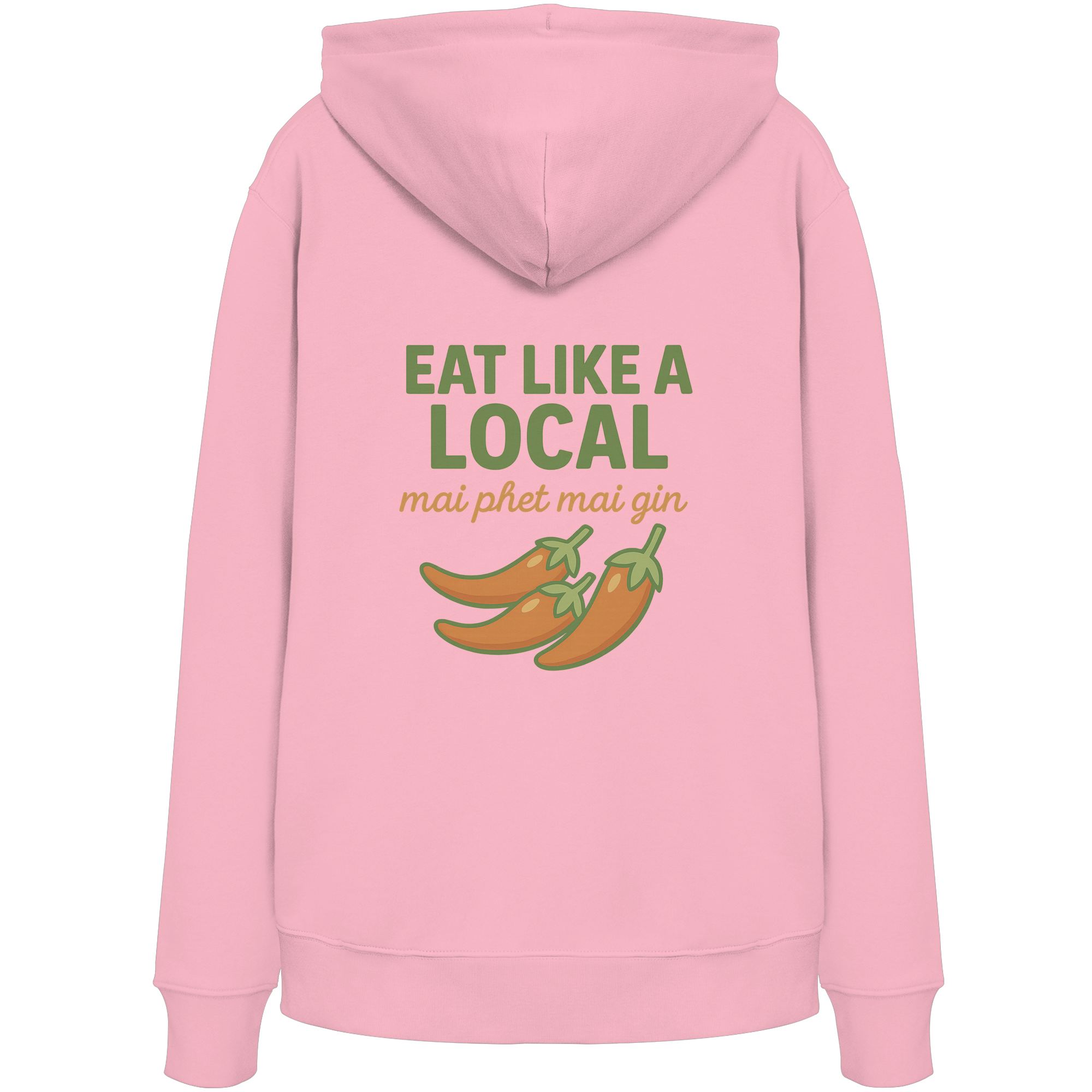 Eat Like a Local – Thai Food Design | „mai phet mai gin“ Chili Design - Rückseite bedruckt - Organic Hoodie