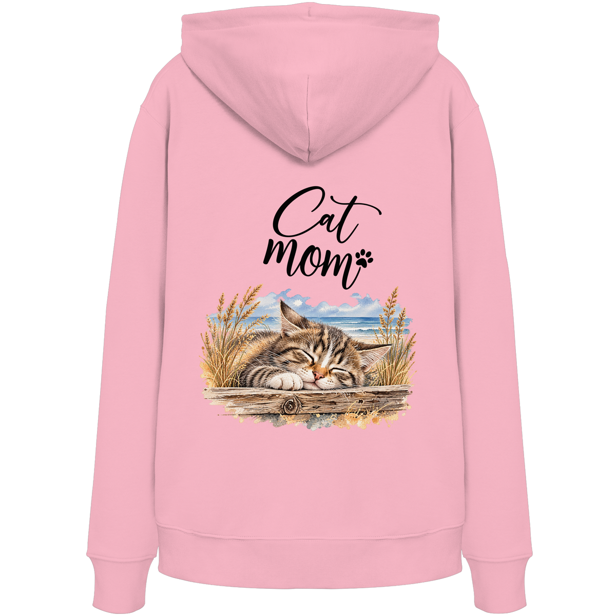 Cat Mom Bio-Hoodie in Cotton Pink – Original-Rückansicht mit Kapuze und Katzen-Küstenmotiv als Rückenprint.