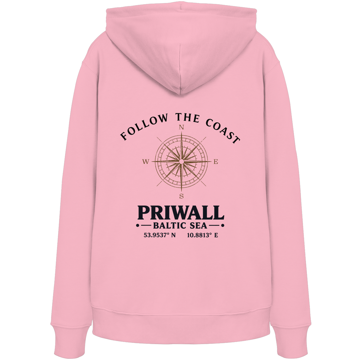 Rückansicht des Bio Hoodie in Cotton Pink mit hellem Priwall Follow the Coast Backprint