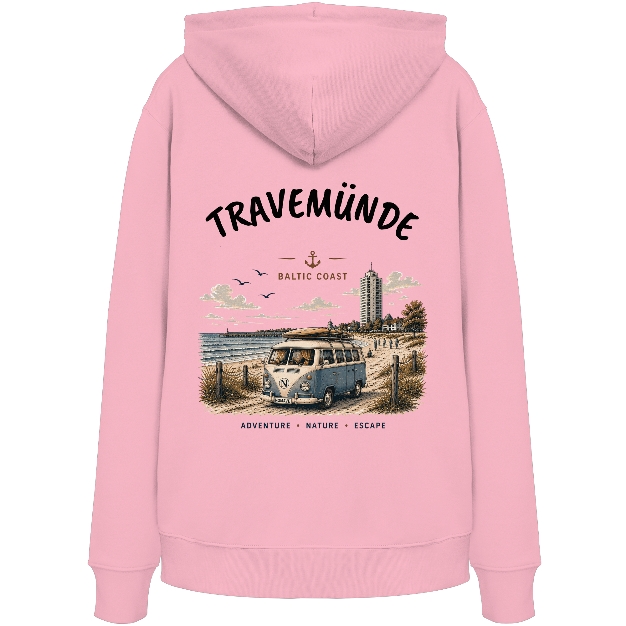 Travemünde Bulli Rückenprint – Bio Hoodie mit Küstenmotiv - Kapuzenpullover