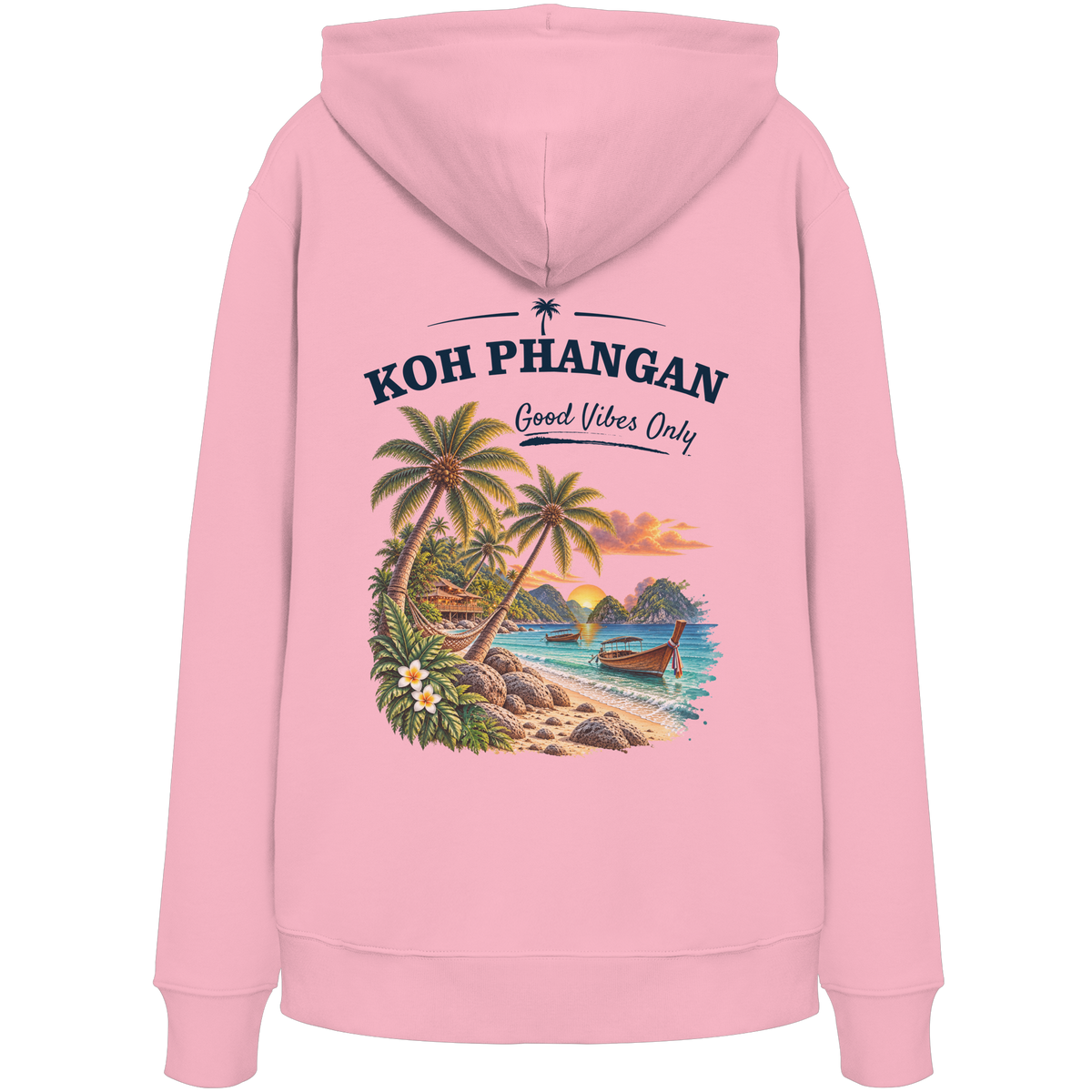 Bio Hoodie – Backprint in cotton pink als Original-Mockup mit Koh Phangan Good Vibes Only Backprint