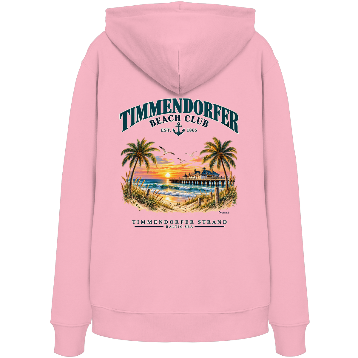 Original-/Katalogmockup: Unisex Bio-Hoodie in Cotton Pink, Rückansicht mit Timmendorfer-Beach-Club-Rückendruck.