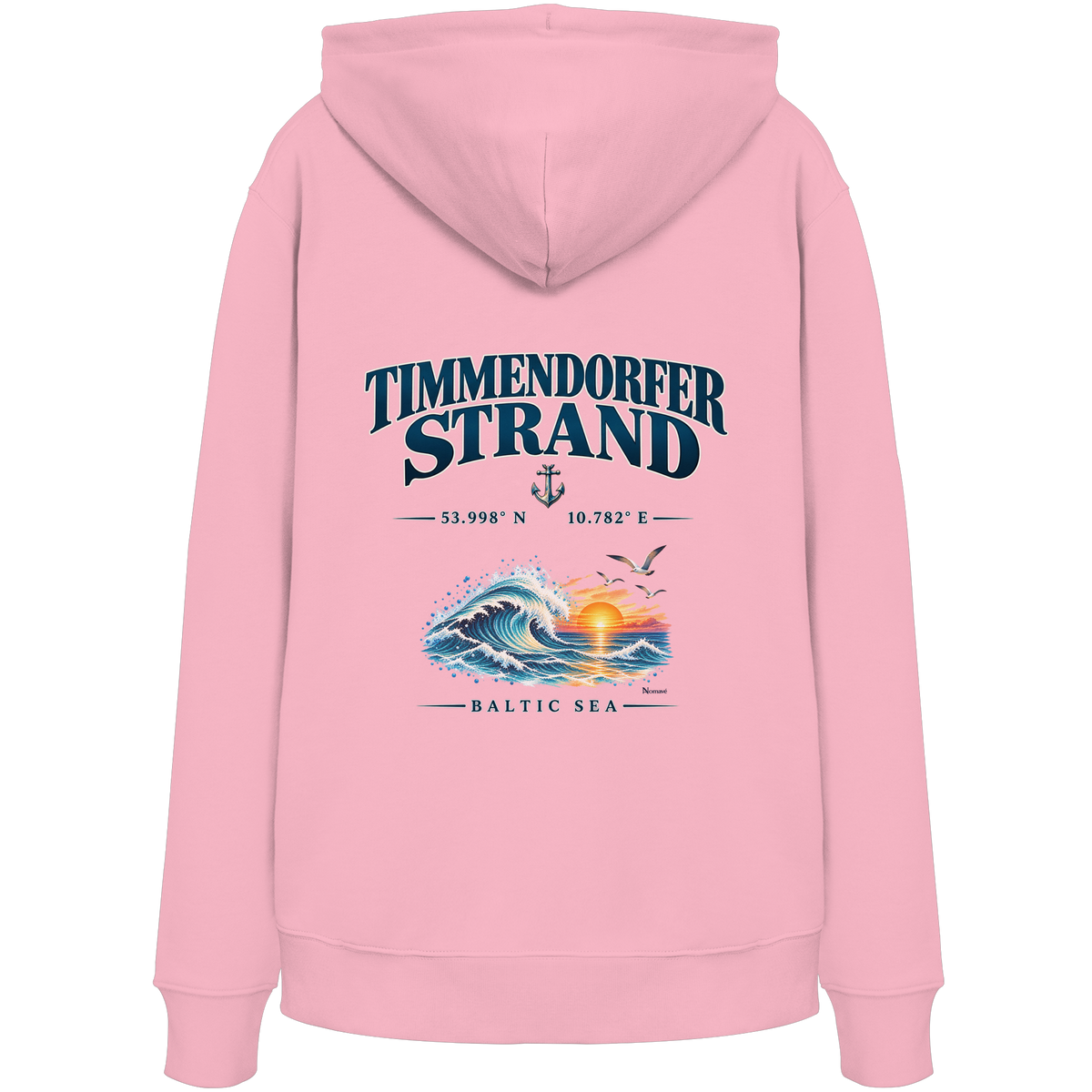 Original-Mockup 8: Unisex Bio-Hoodie in Cotton Pink mit Timmendorfer Strand – Baltic Sea Backprint.
