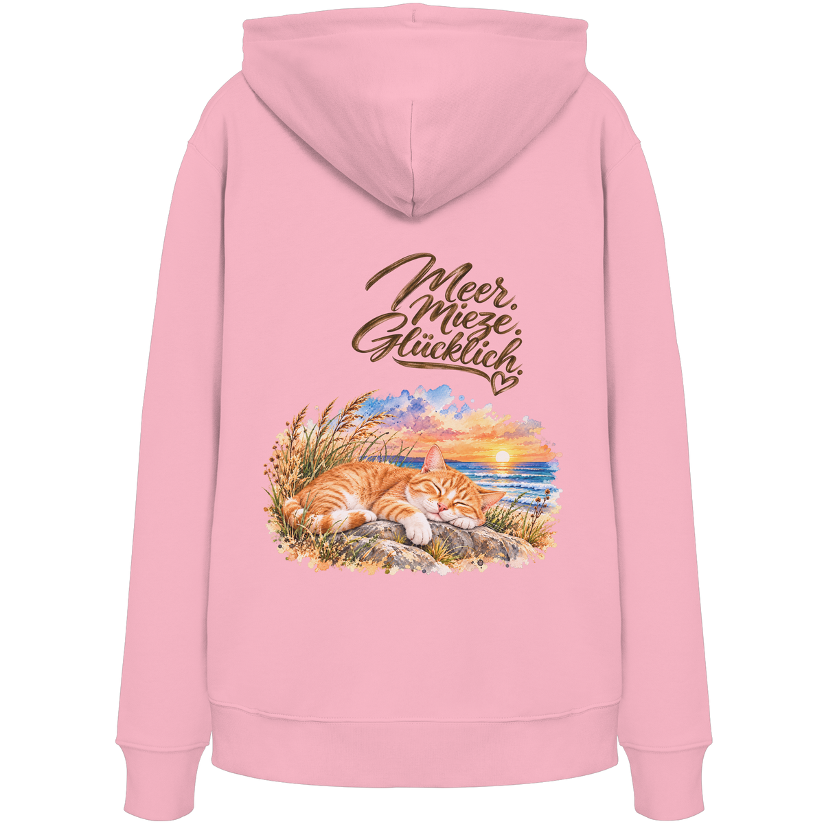 Unisex Bio-Hoodie in Cotton Pink mit „Meer. Mieze. Glücklich.“ als Backprint – Rückansicht im Original-Mockup.