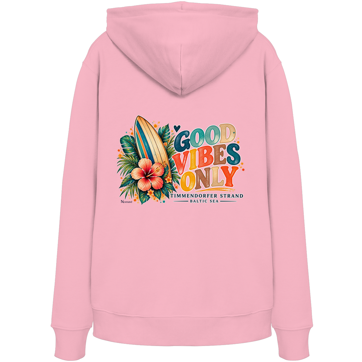 Original-Rückansicht 7: Unisex Bio-Hoodie in Cotton Pink mit Timmendorfer-Surf-Vibes-Rückenprint, Surfboard, Hibiskusblüten und Baltic-Sea-Schriftzug.