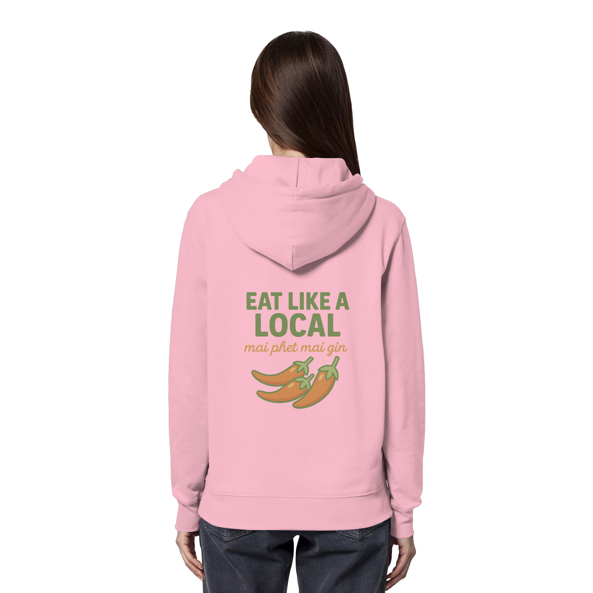 Eat Like a Local – Thai Food Design | „mai phet mai gin“ Chili Design - Rückseite bedruckt - Organic Hoodie