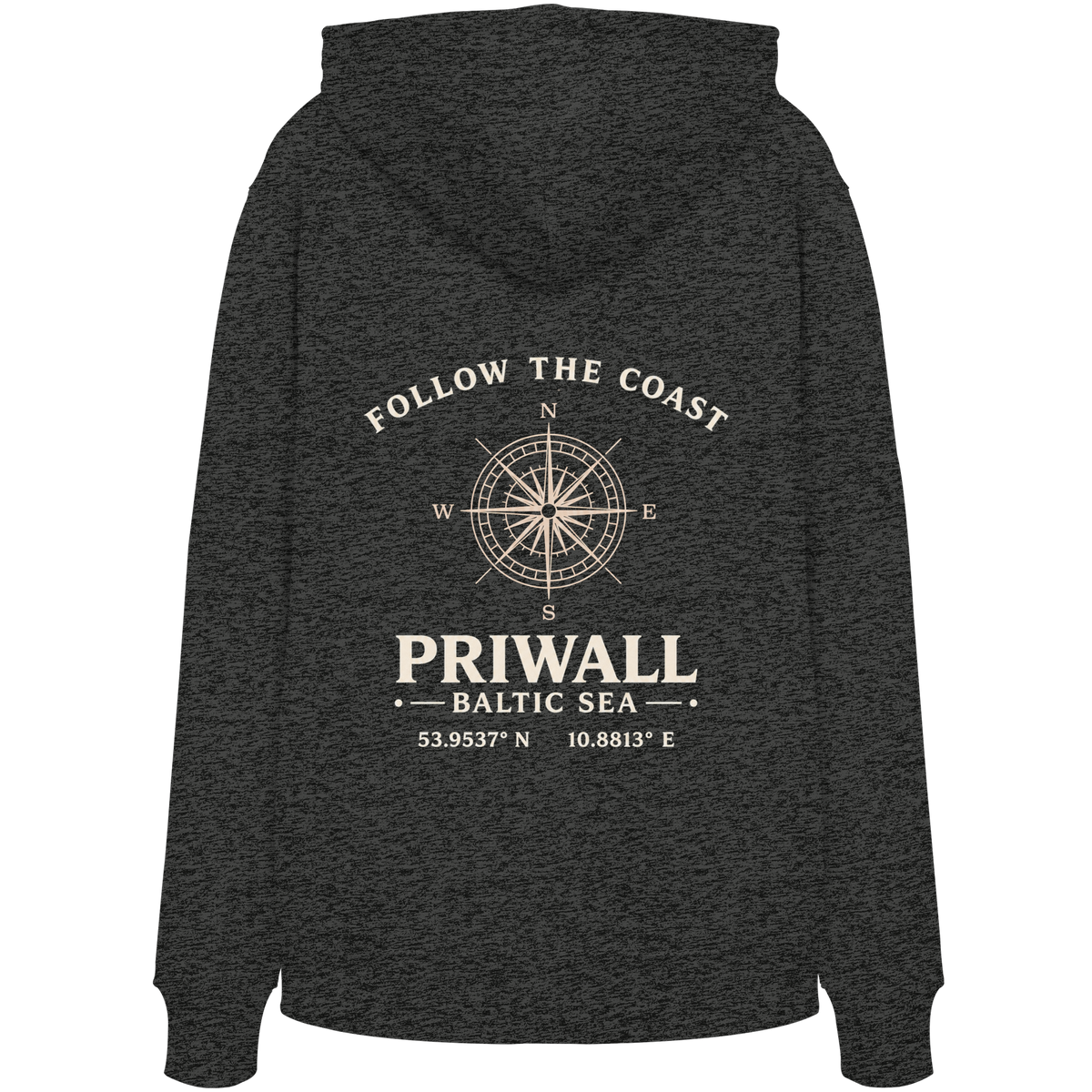 Rückansicht des Bio Hoodie in Dark Heather Grey mit dunklem Priwall Follow the Coast Backprint