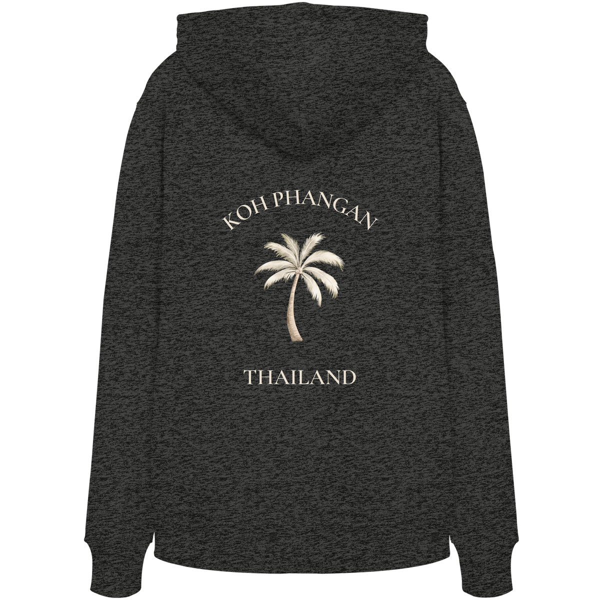 Bio Hoodie in dark heather grey mit Koh Phangan Mini Palm Motiv als Backprint – Original-Mockup