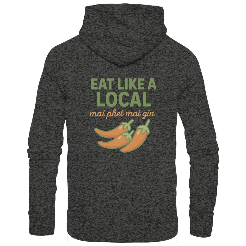 Eat Like a Local – Thai Food Design | „mai phet mai gin“ Chili Design - Rückseite bedruckt - Organic Hoodie